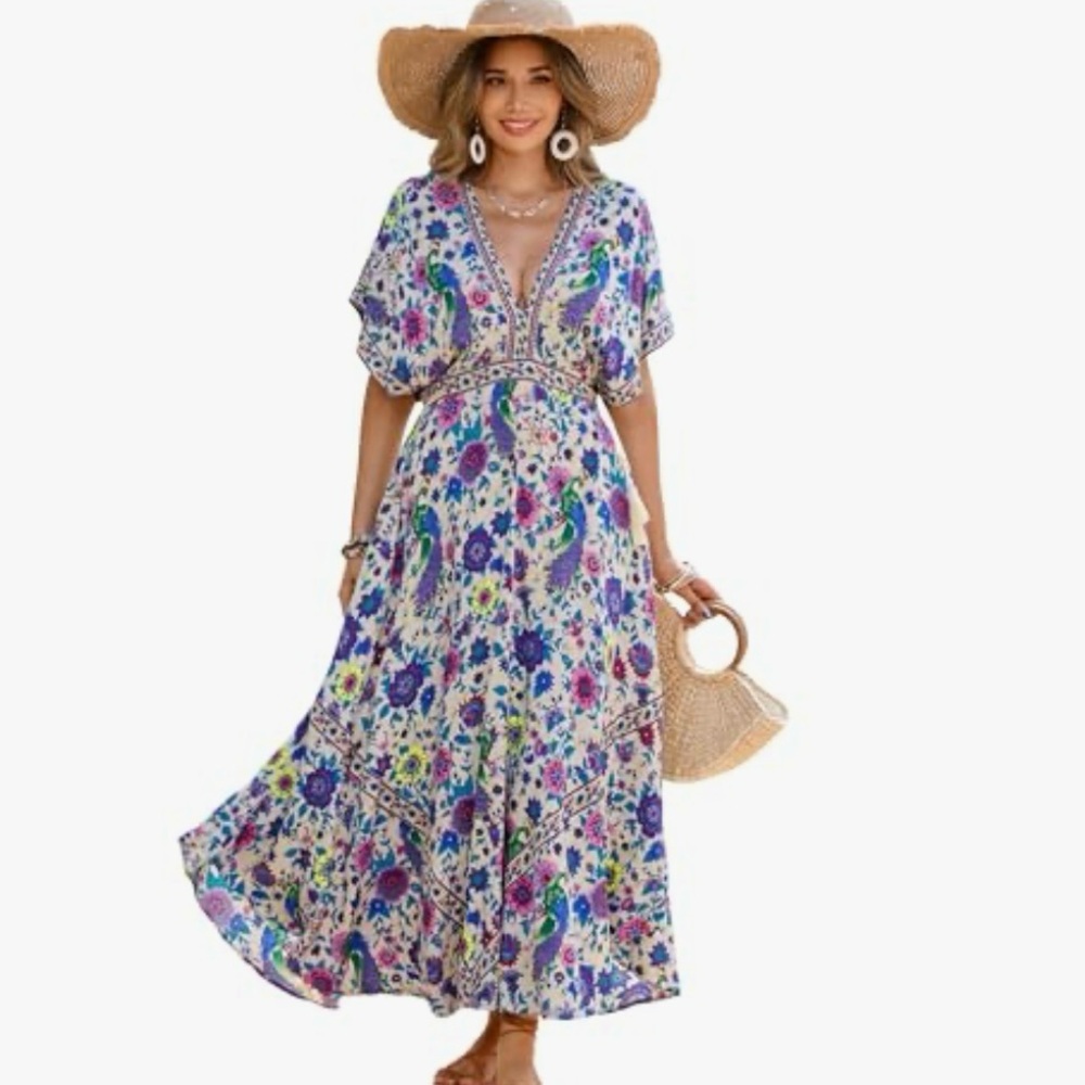 NWT R. Vivimos Women's V-Neck Short Sleeves Cinch‎ Waist Midi Dress Floral Sz S